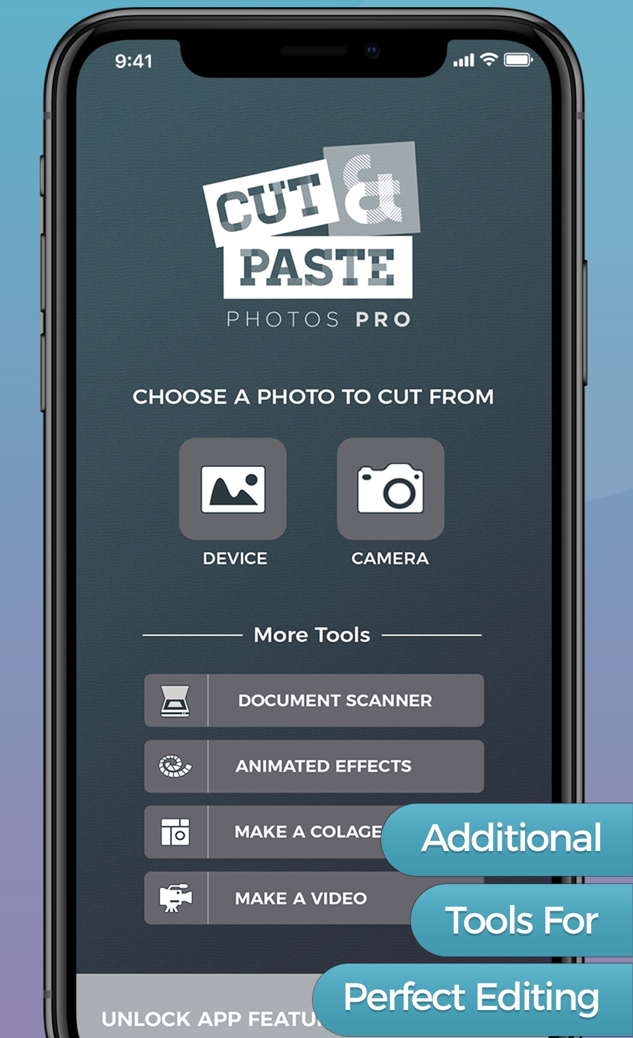 home screen view of cut and paste photos pro app on mobile